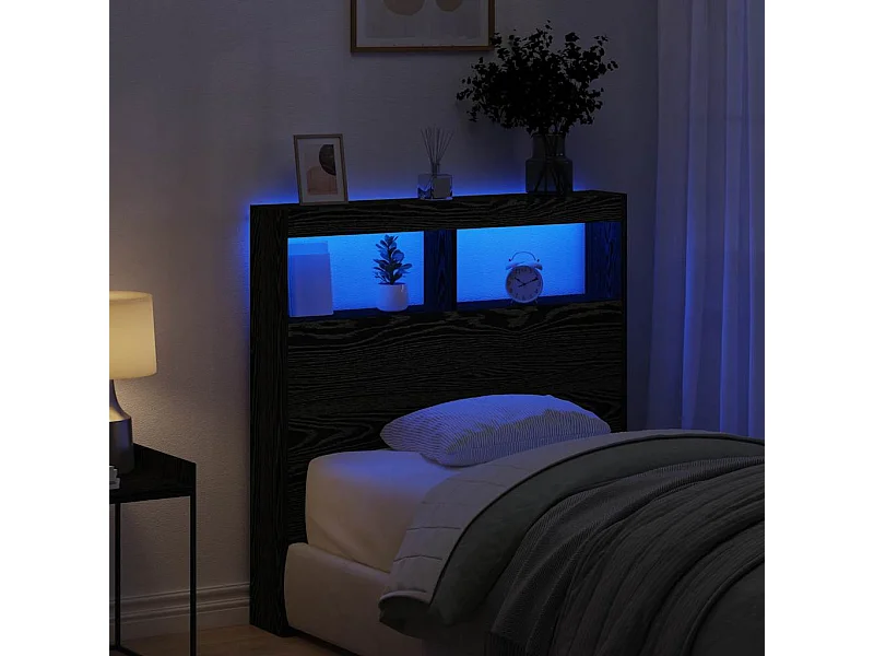 Tête de Lit avec rangement | Armoire de tête de lit avec LED chêne noir 100x17x102 cm