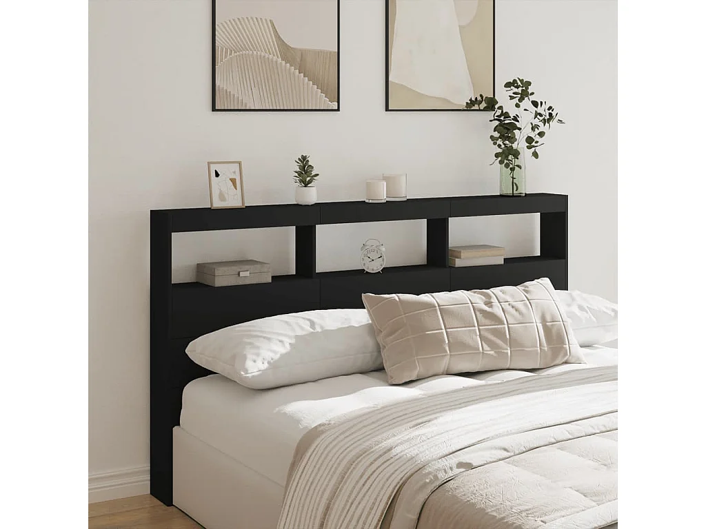 Tête de Lit avec rangement | Armoire de tête de lit avec LED noir 180x17x102 cm
