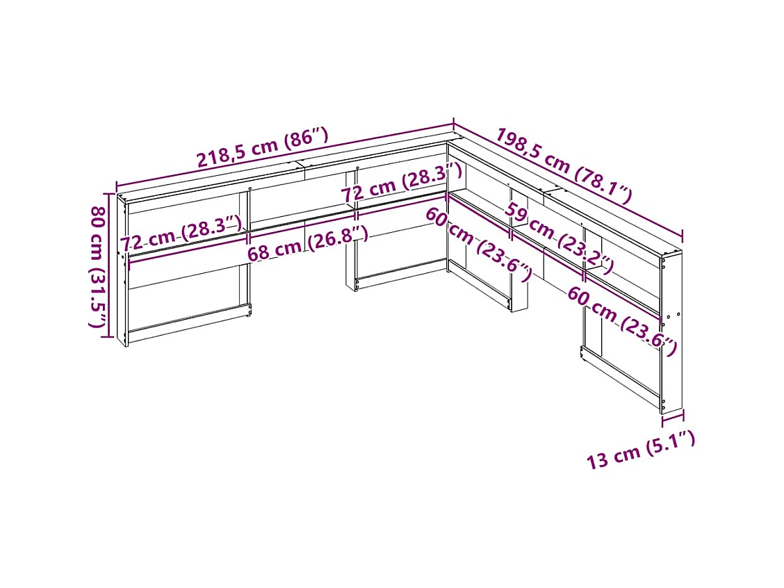 Mueble cabecero | Cabecero | Cabezal de cama librería en forma L madera maciza pino blanco 180 cm