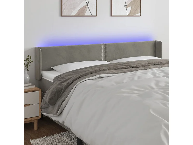 Tête de Lit | Panneau de tête pour lit Moderne à LED Gris clair 203x16x78/88 cm Velours