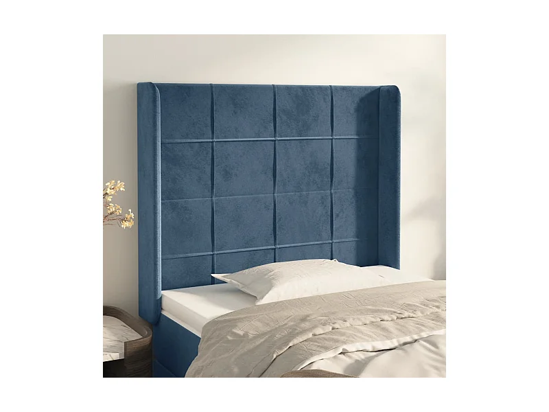 Cabecero | Cabezal de Cama | Mueble cabecero con orejas de terciopelo azul oscuro 83x16x118/128 cm