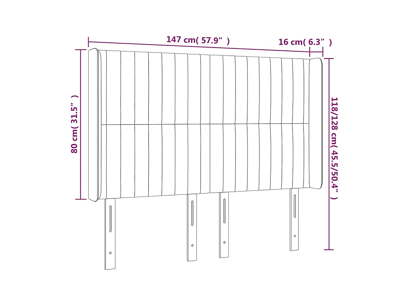 Cabecero | Cabezal de Cama | Mueble cabecero con orejas de terciopelo gris oscuro 147x16x118/128 cm