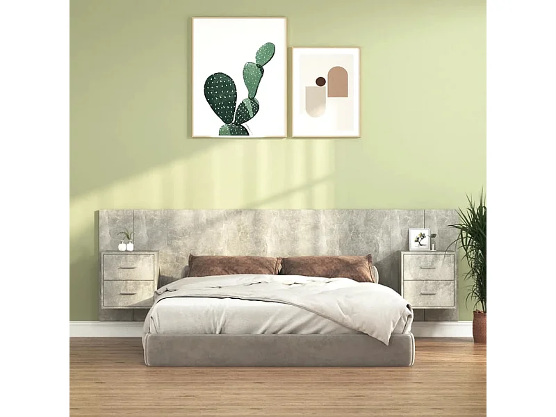 Mueble cabecero | Cabezal de cama | Cabecero de cama y mesitas madera contrachapada gris hormigón