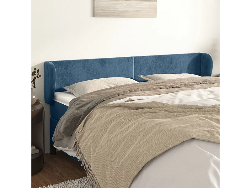 Tête de Lit | Panneau de tête pour lit Moderne avec oreilles Bleu foncé 163x23x78/88 cm Velours