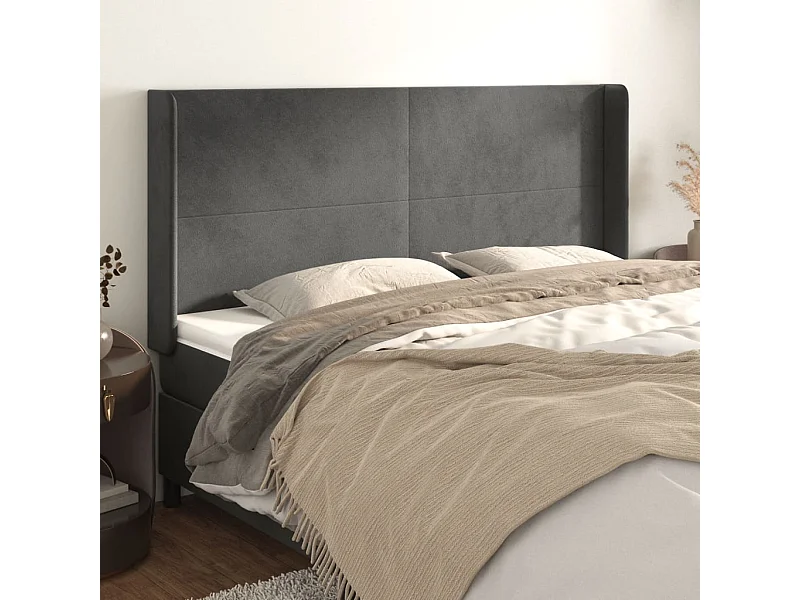 Cabecero | Cabezal de Cama | Mueble cabecero con orejas de terciopelo gris oscuro 163x16x118/128 cm