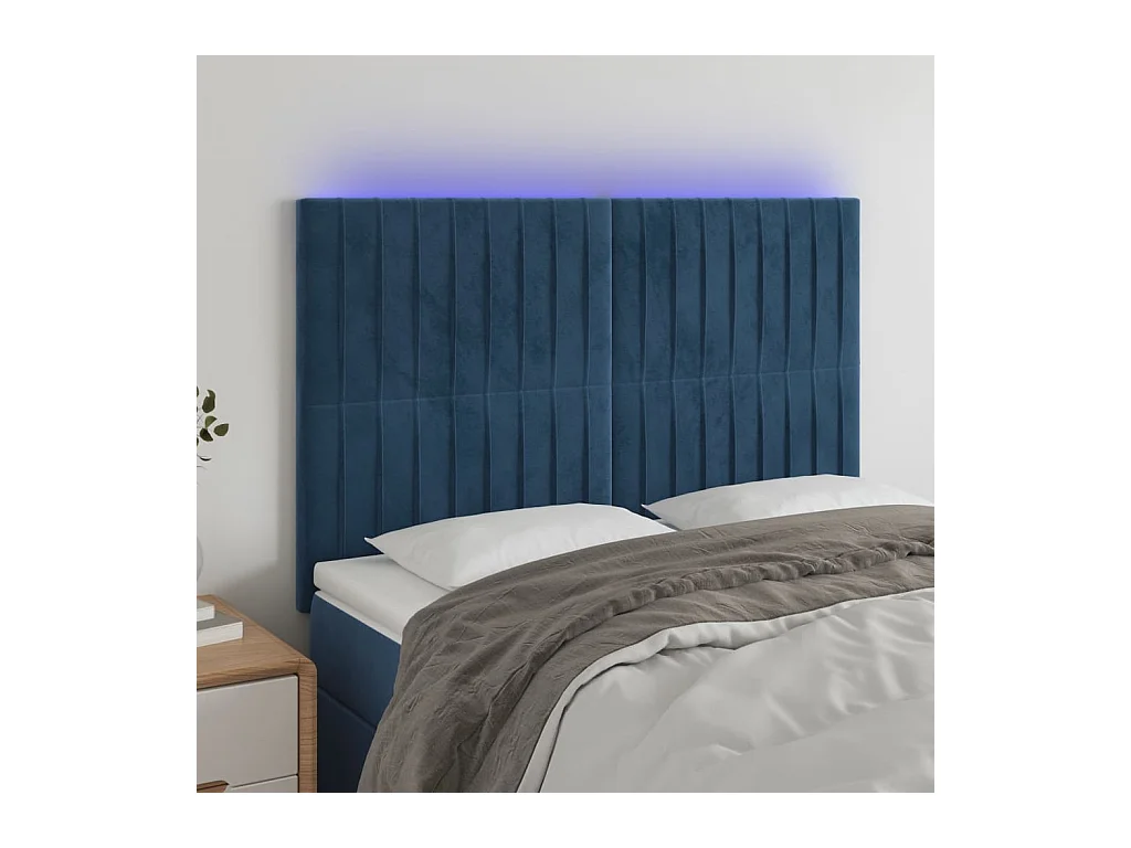 Tête de Lit | Panneau de tête pour lit Moderne à LED Bleu foncé 144x5x118/128 cm Velours
