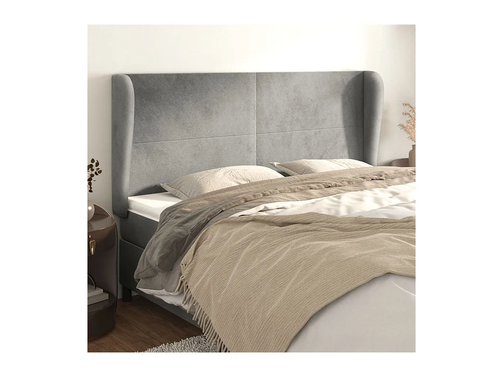 Tête de Lit | Panneau de tête pour lit Moderne avec oreilles Gris clair 183x23x118/128 cm Velours