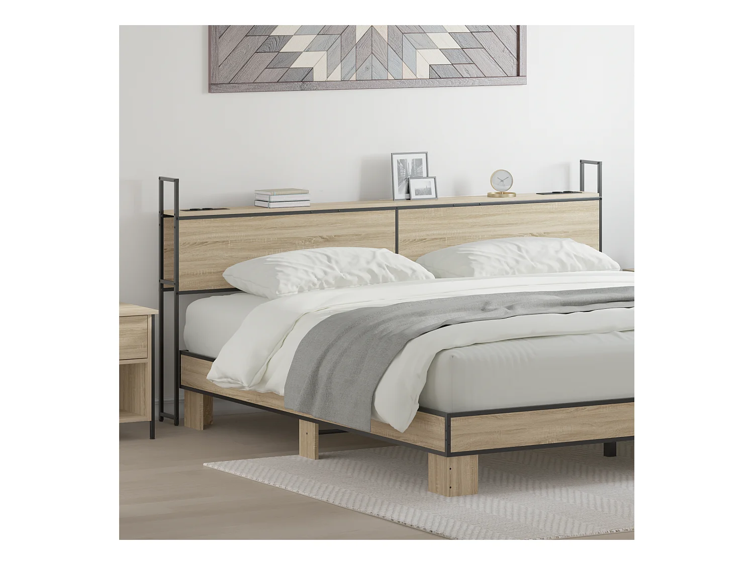 Mueble cabecero | Cabezal de cama | Cabecero de Almacenamiento con Estación de Carga Roble Sonoma