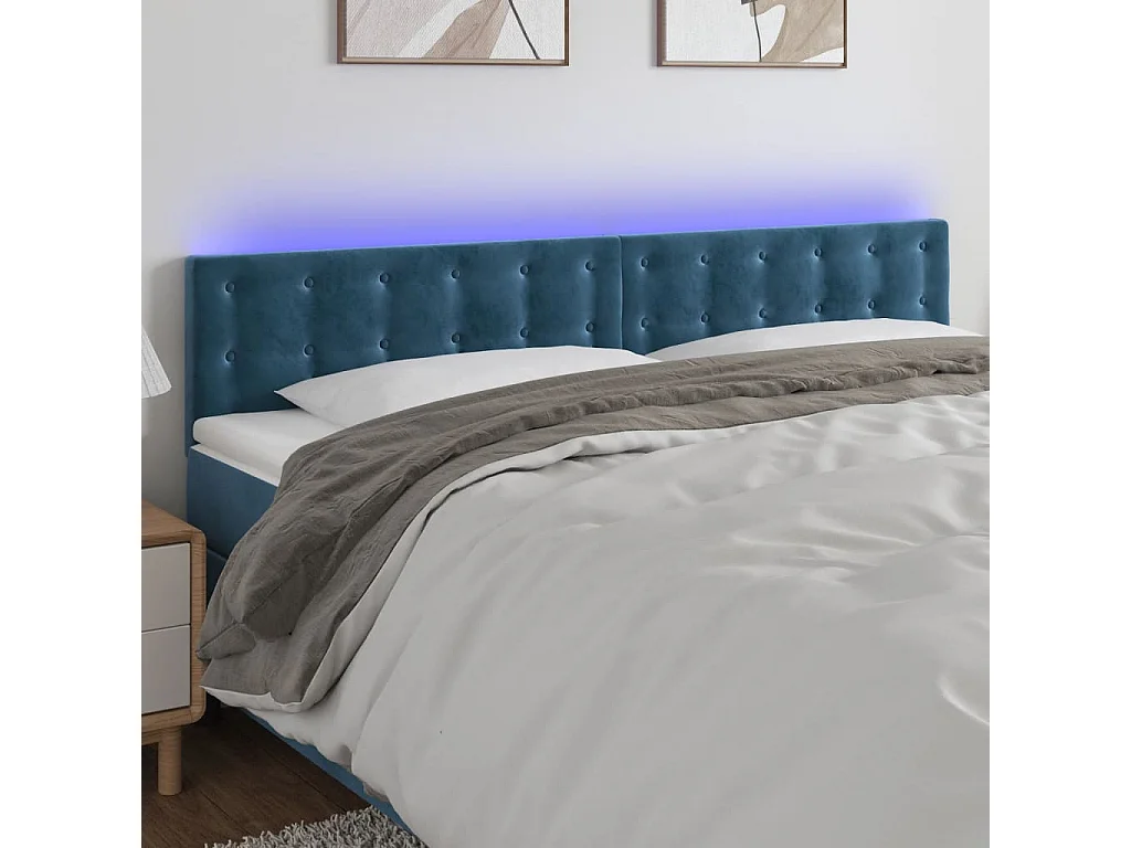 Tête de Lit | Panneau de tête pour lit Moderne à LED Bleu foncé 180x5x78/88 cm Velours