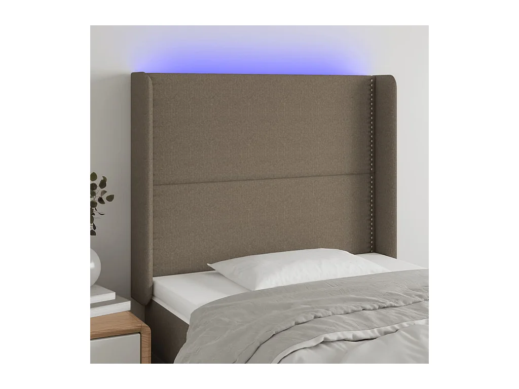Mueble cabecero | Cabezal de cama | Cabecero con LED de tela gris taupe 103x16x118/128 cm