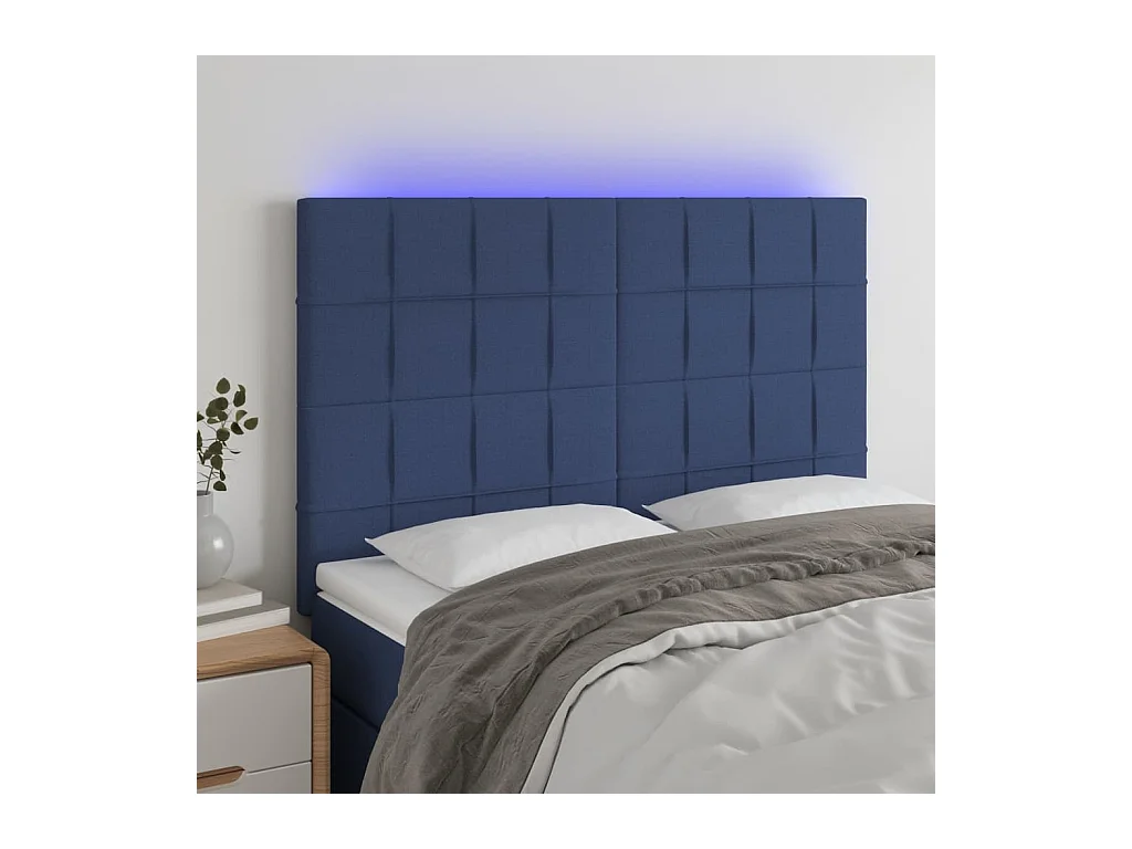 Cabecero | Cabezal de Cama | Mueble cabecero con luces LED tela azul 144x5x118/128 cm