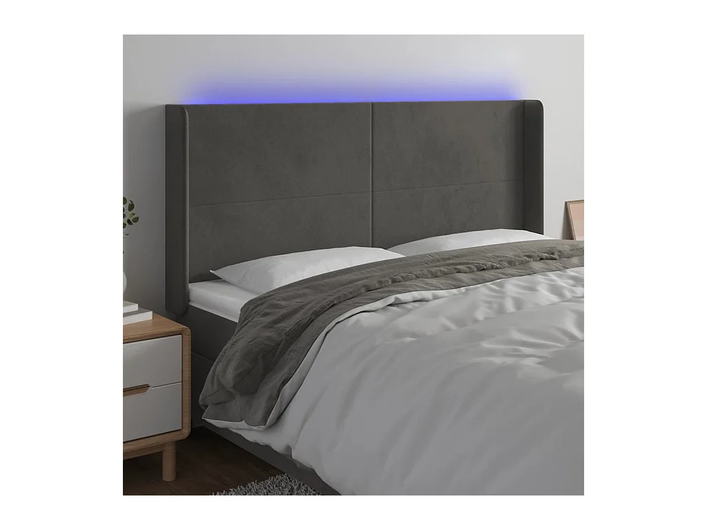 Cabecero | Cabezal de Cama | Mueble cabecero con LED de terciopelo gris oscuro 183x16x118/128 cm