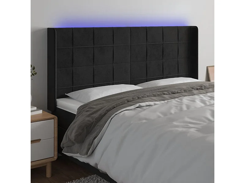Cabecero | Cabezal de Cama | Mueble cabecero con LED de terciopelo negro 203x16x118/128 cm