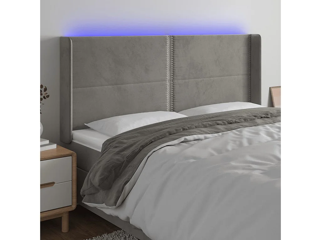 Tête de Lit | Panneau de tête pour lit Moderne à LED Gris clair 203x16x118/128 cm Velours