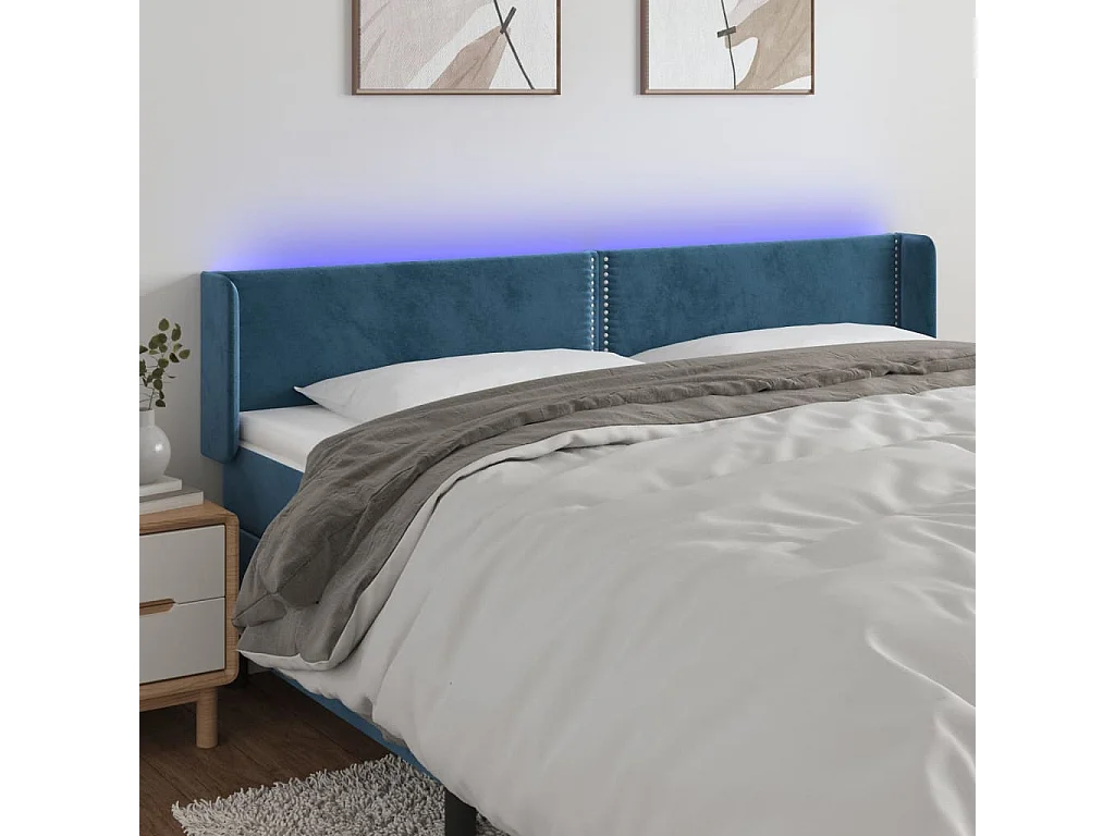 Tête de Lit | Panneau de tête pour lit Moderne à LED Bleu foncé 163x16x78/88 cm Velours