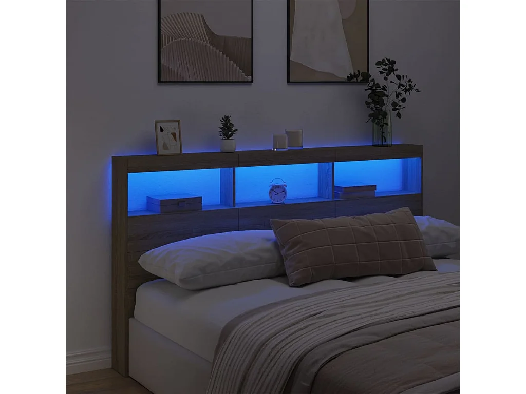 Tête de Lit avec rangement | Armoire de tête de lit avec LED chêne sonoma 180x17x102 cm