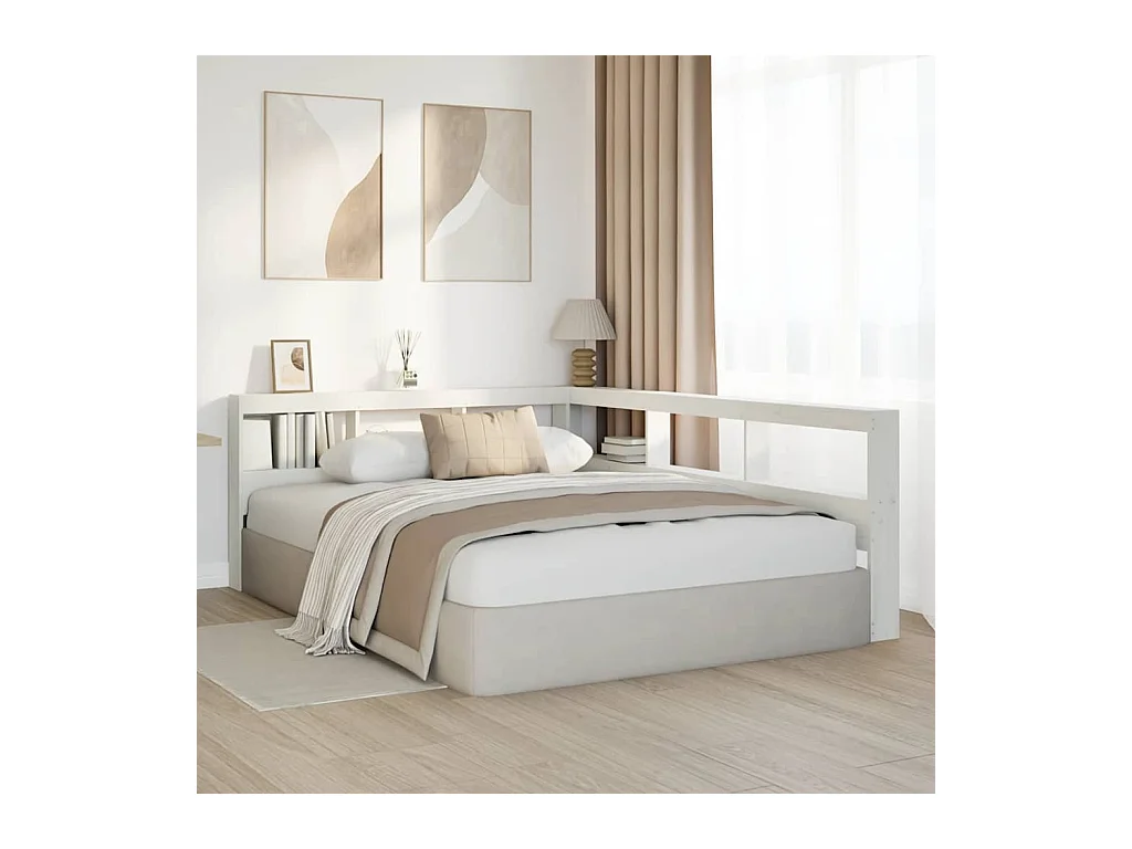 Mueble cabecero | Cabecero | Cabezal de cama librería en forma L madera maciza pino blanco 140 cm