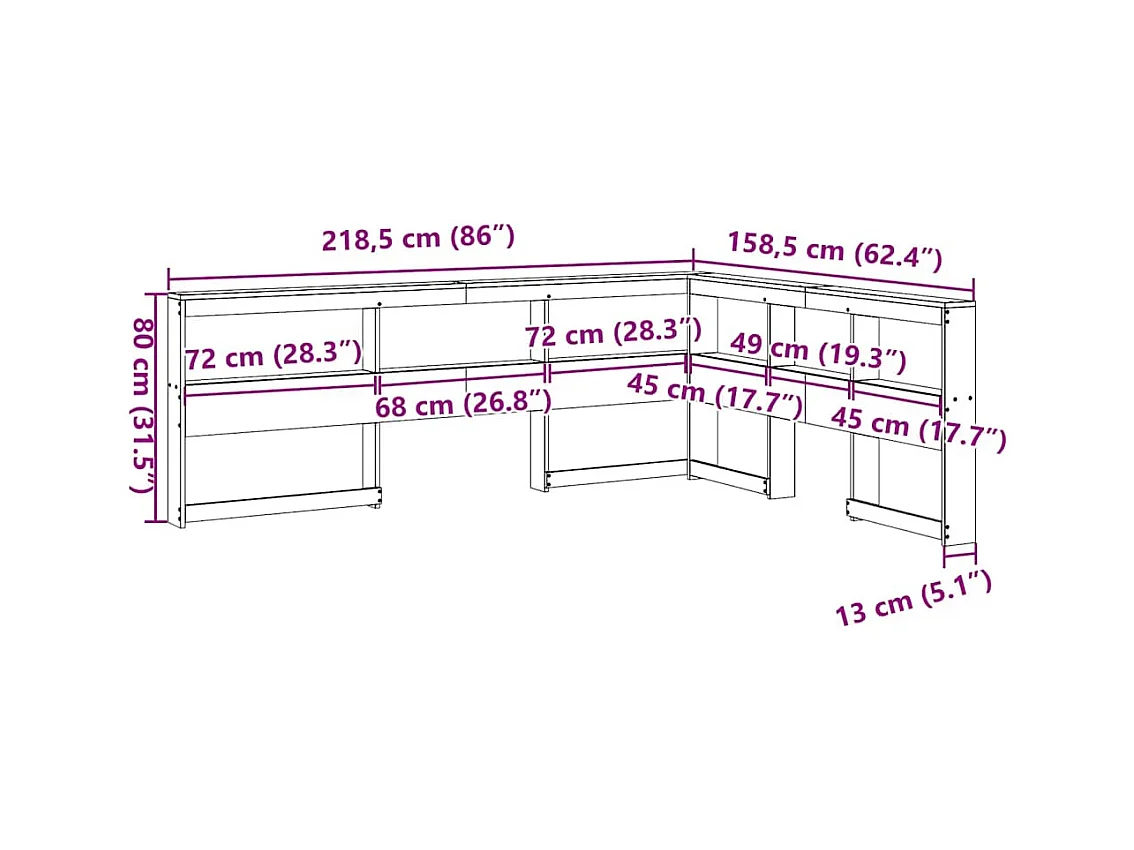 Mueble cabecero | Cabecero | Cabezal de cama librería en forma L madera maciza pino blanco 140 cm