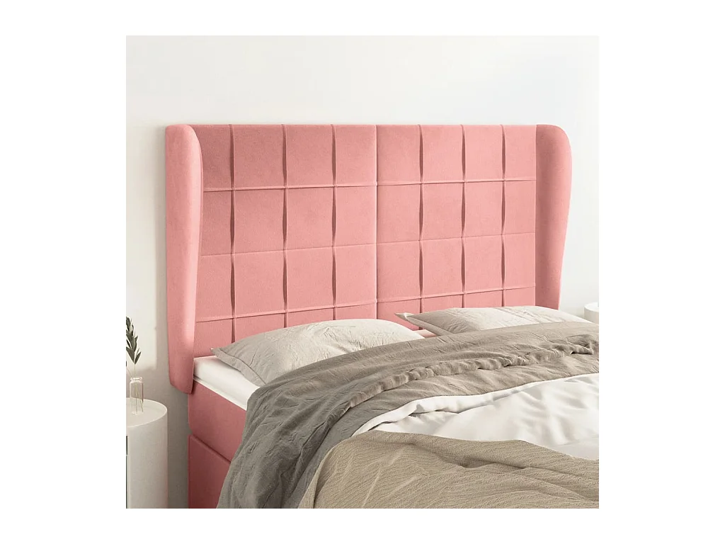 Cabecero | Cabezal de Cama | Mueble cabecero con orejas de terciopelo rosa 147x23x118/128 cm