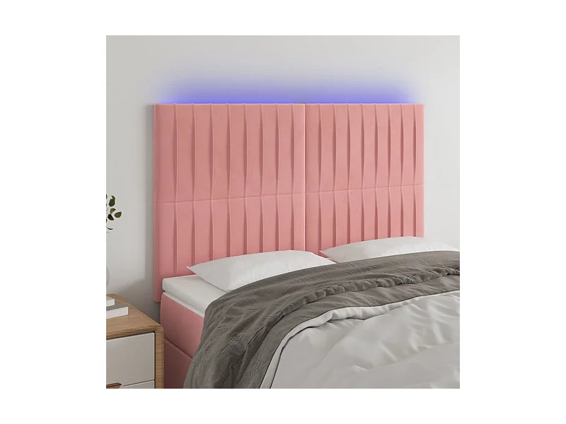 Cabecero | Cabezal de Cama | Mueble cabecero con luces LED terciopelo rosa 144x5x118/128 cm