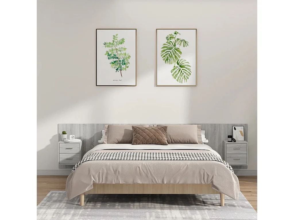 Mueble cabecero | Cabezal de cama | Cabecero de cama y mesitas madera contrachapada gris Sonoma