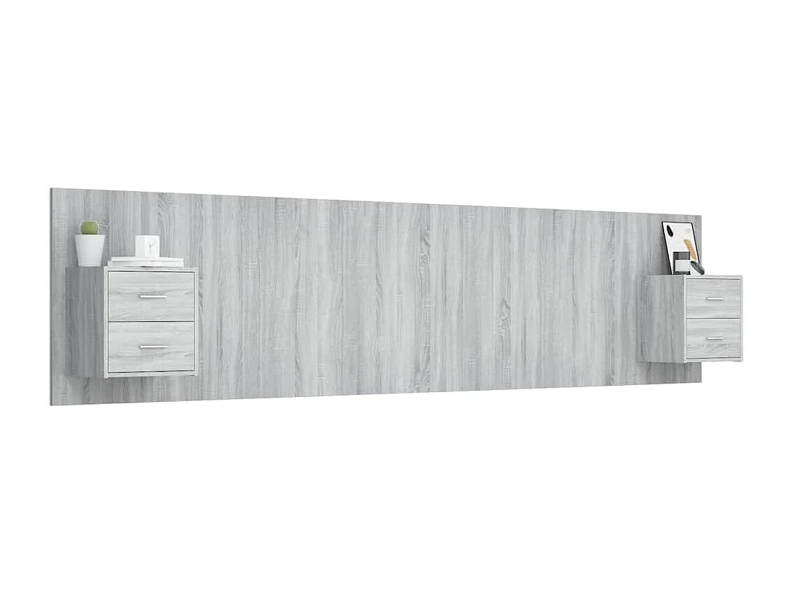 Mueble cabecero | Cabezal de cama | Cabecero de cama y mesitas madera contrachapada gris Sonoma