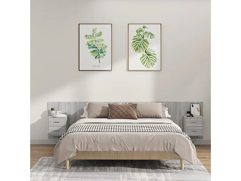 Mueble cabecero | Cabezal de cama | Cabecero de cama y mesitas madera contrachapada gris Sonoma