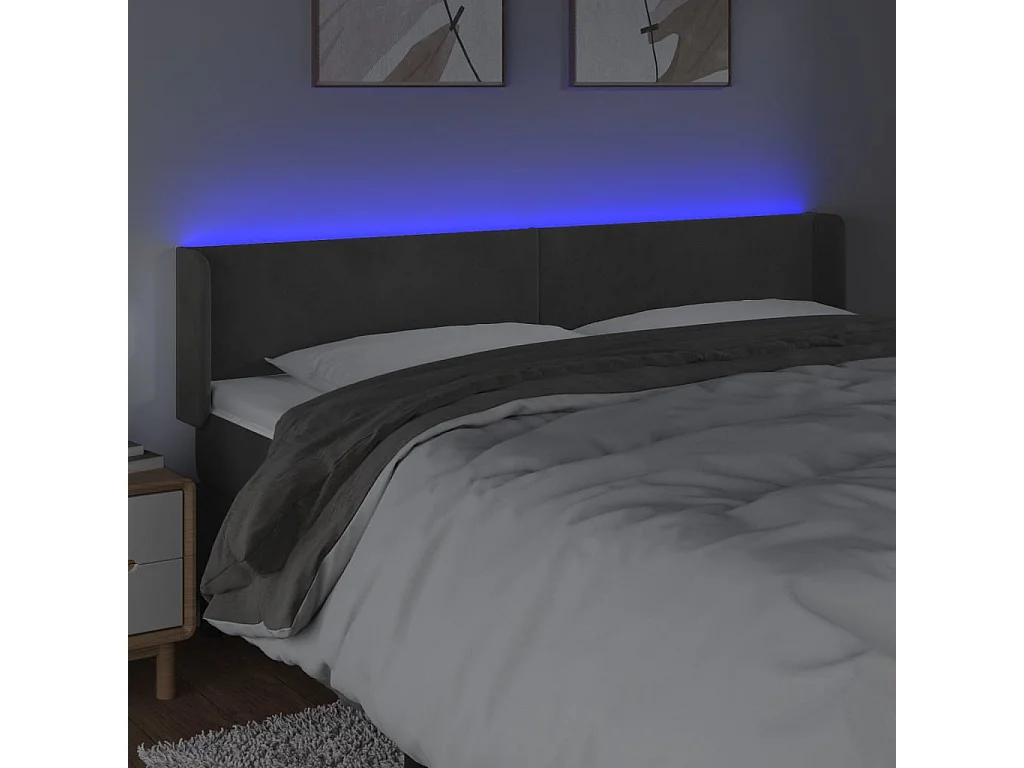 Tête de Lit | Panneau de tête pour lit Moderne à LED Gris foncé 183x16x78/88 cm Velours