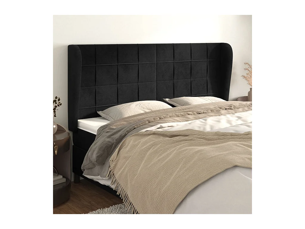Tête de Lit | Panneau de tête pour lit Moderne avec oreilles Noir 183x23x118/128 cm Velours