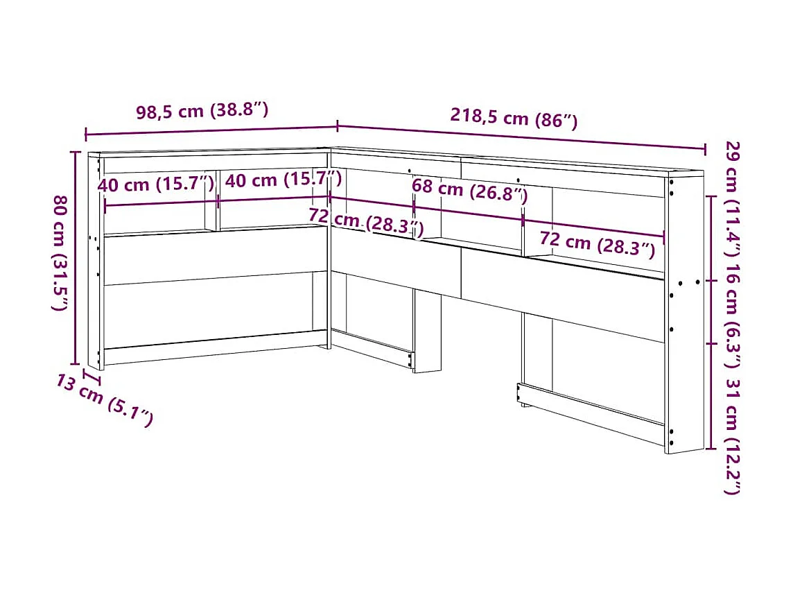 Mueble cabecero | Cabecero | Cabezal de cama librería en forma de L madera maciza de pino 80 cm