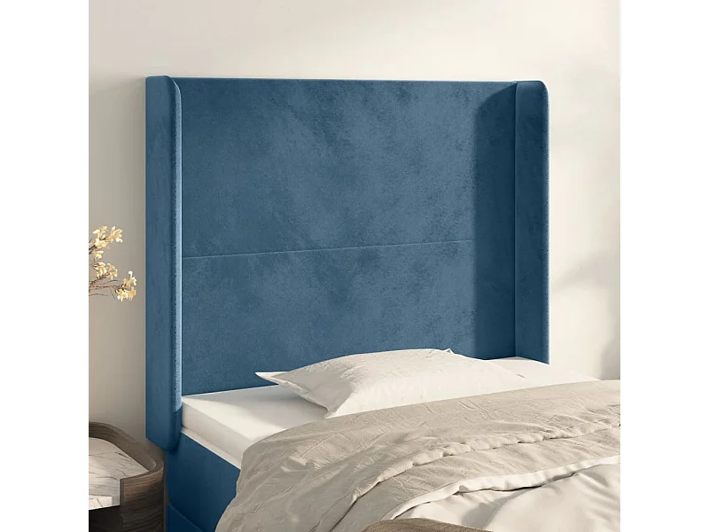 Cabecero | Cabezal de Cama | Mueble cabecero con orejas de terciopelo azul oscuro 103x16x118/128 cm