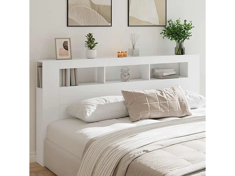 Cabecero | Cabezal de Cama | Mueble cabecero con LED madera de ingeniería blanco 200x18,5x103,5 cm