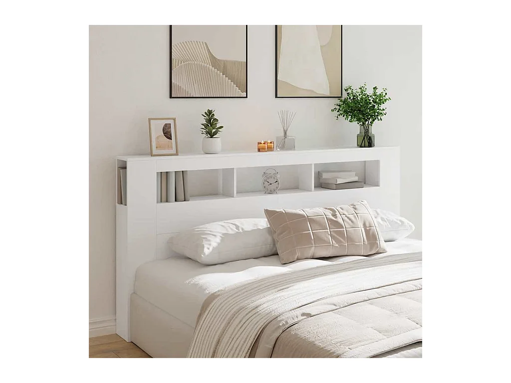 Cabecero | Cabezal de Cama | Mueble cabecero con LED madera de ingeniería blanco 200x18,5x103,5 cm