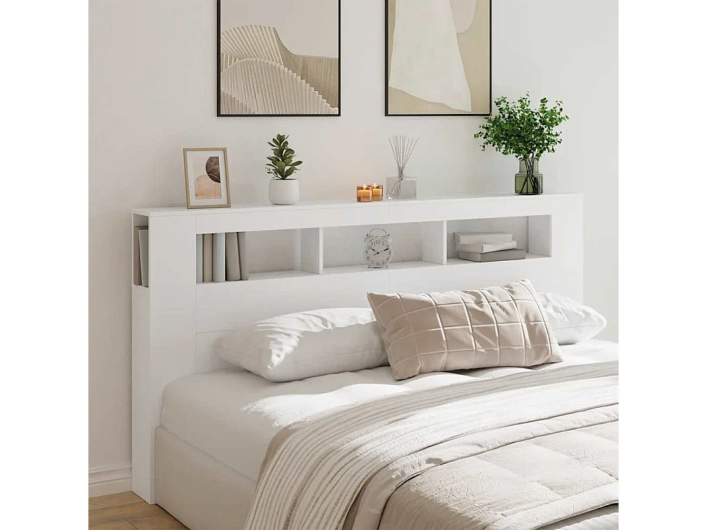 Cabecero | Cabezal de Cama | Mueble cabecero con LED madera de ingeniería blanco 200x18,5x103,5 cm