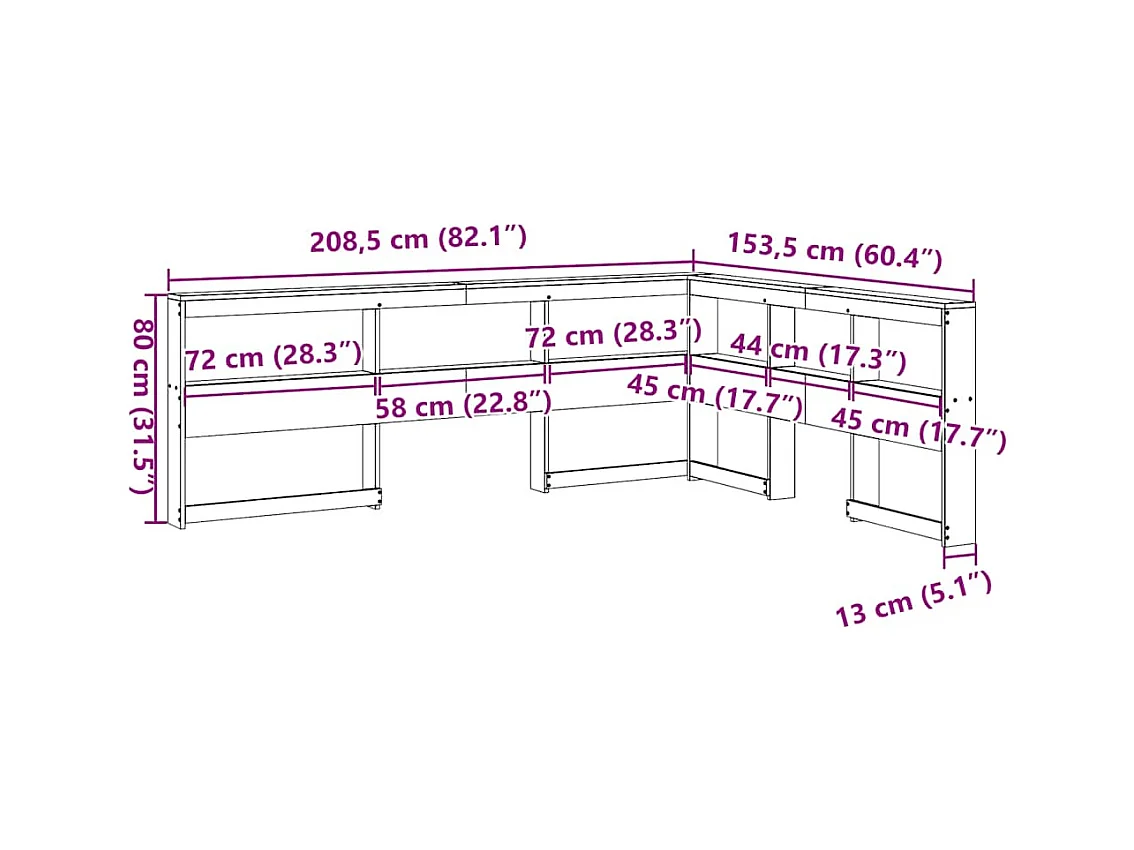 Mueble cabecero | Cabecero | Cabezal de cama librería en forma L madera maciza pino blanco 135 cm