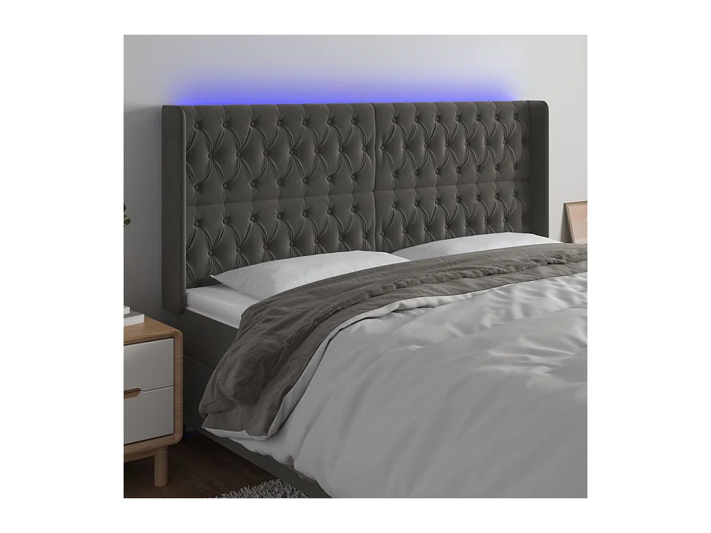 Cabecero | Cabezal de Cama | Mueble cabecero con LED de terciopelo gris oscuro 183x16x118/128 cm