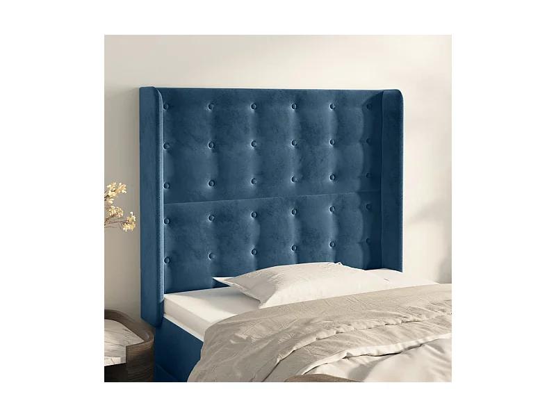 Cabecero | Cabezal de Cama | Mueble cabecero con orejas de terciopelo azul oscuro 103x16x118/128 cm