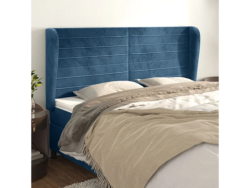 Tête de Lit | Panneau de tête pour lit Moderne avec oreilles Bleu foncé 203x23x118/128 cm Velours