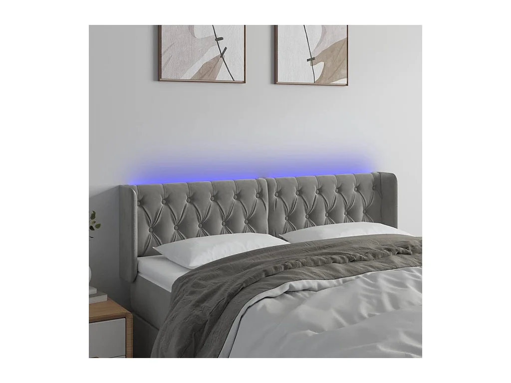 Tête de Lit | Panneau de tête pour lit Moderne à LED Gris clair 163x16x78/88 cm Velours