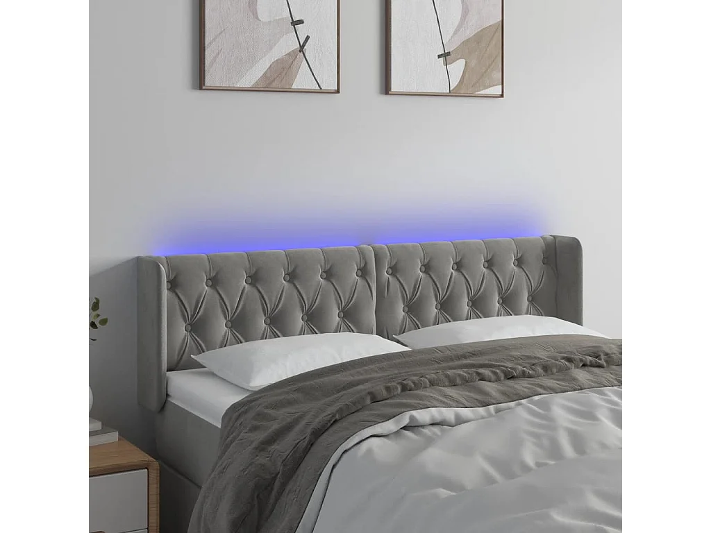 Tête de Lit | Panneau de tête pour lit Moderne à LED Gris clair 163x16x78/88 cm Velours