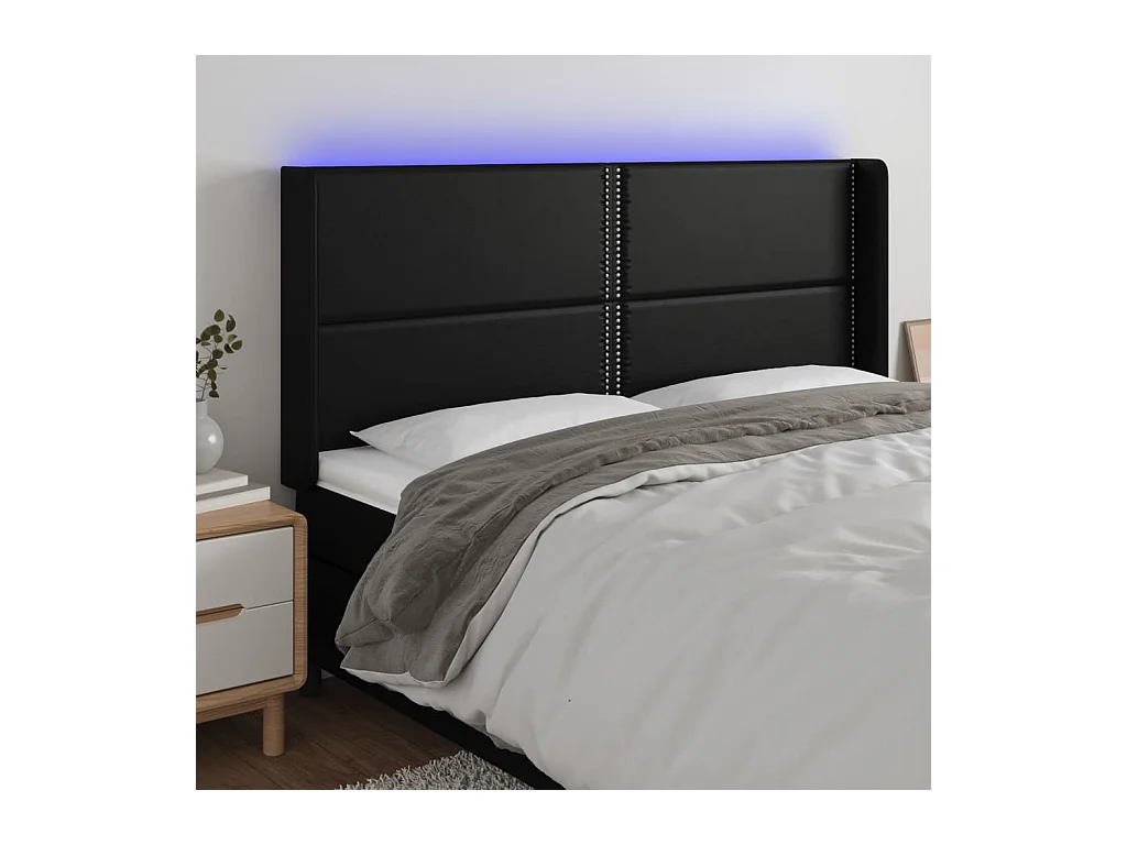 Cabecero | Cabezal de Cama | Mueble cabecero con LED cuero sintético negro 183x16x118/128 cm