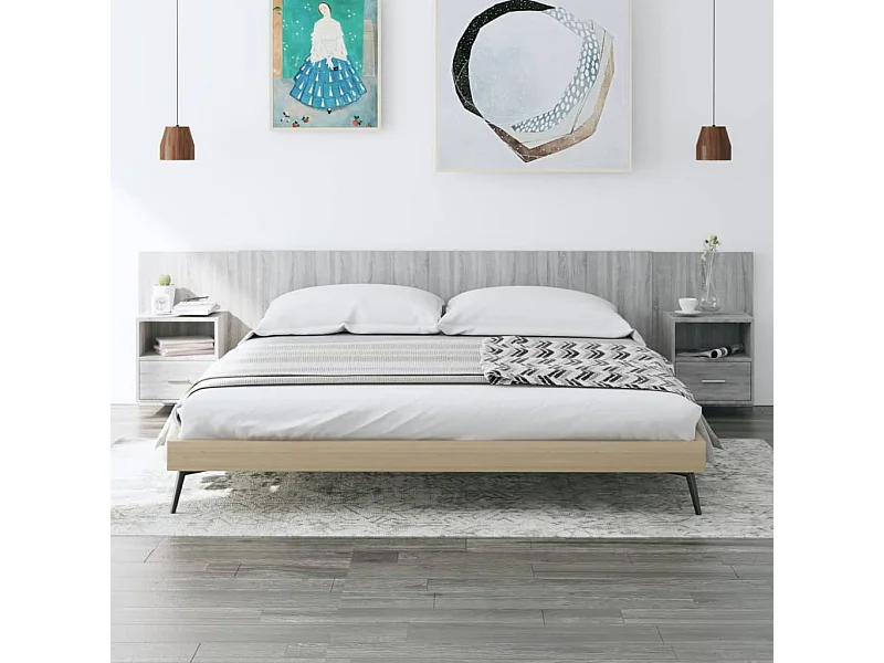 Mueble cabecero | Cabezal de cama | Cabecero de cama y mesitas madera contrachapada gris Sonoma