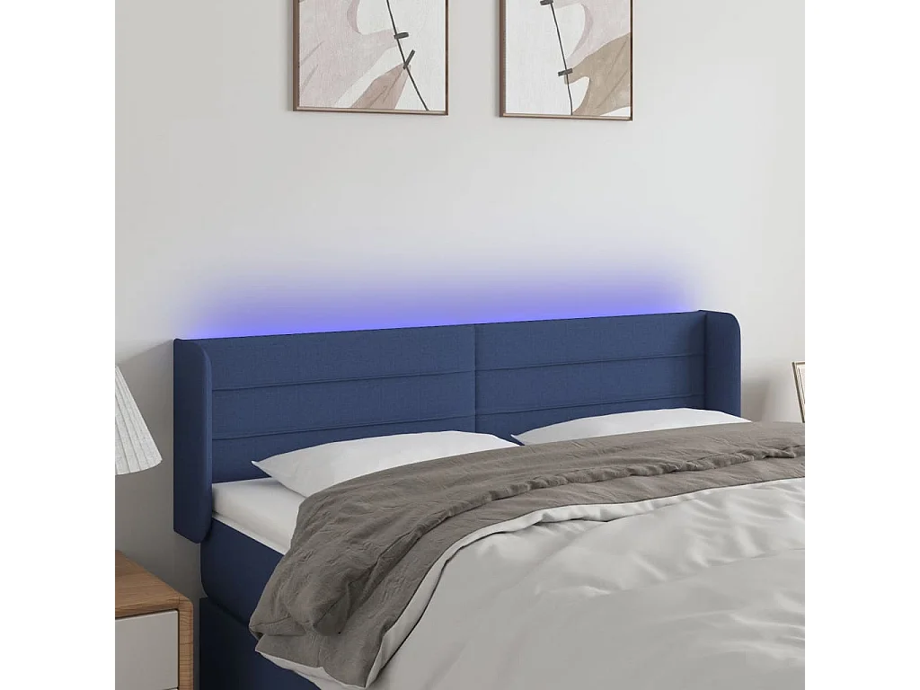 Mueble cabecero | Cabezal de cama | Cabecero con LED de tela azul 147x16x78/88 cm