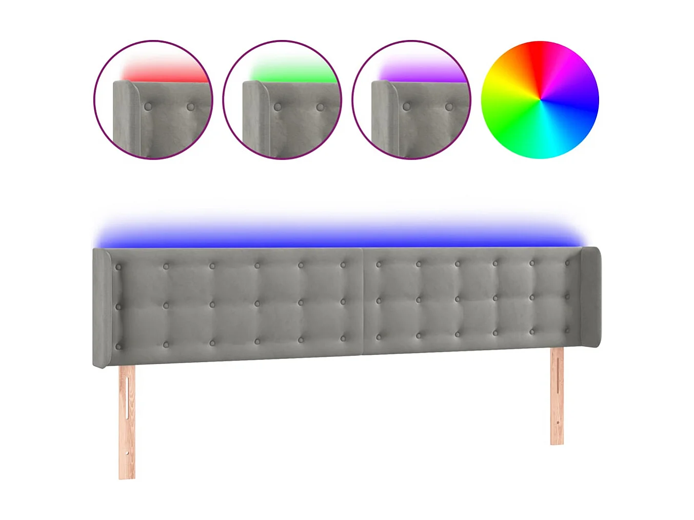 Tête de Lit | Panneau de tête pour lit Moderne à LED Gris clair 203x16x78/88 cm Velours