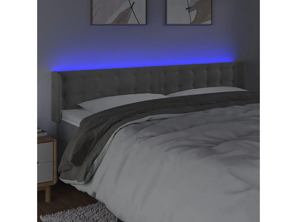 Tête de Lit | Panneau de tête pour lit Moderne à LED Gris clair 203x16x78/88 cm Velours