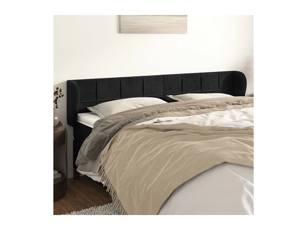 Tête de Lit | Panneau de tête pour lit Moderne avec oreilles Noir 183x23x78/88 cm Velours