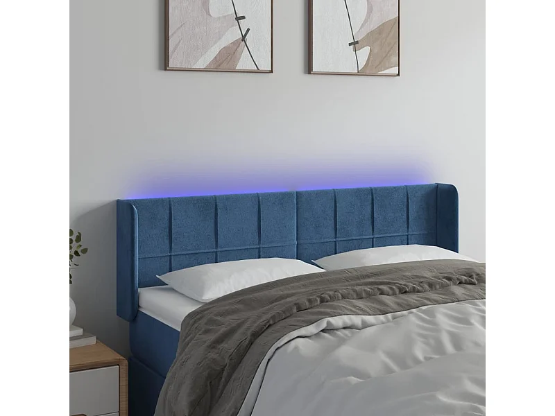 Tête de Lit | Panneau de tête pour lit Moderne à LED Bleu foncé 147x16x78/88 cm Velours
