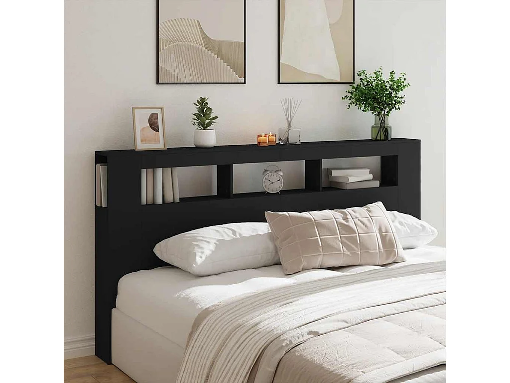 Cabecero | Cabezal de Cama | Mueble cabecero con LED madera de ingeniería negro 200x18,5x103,5 cm