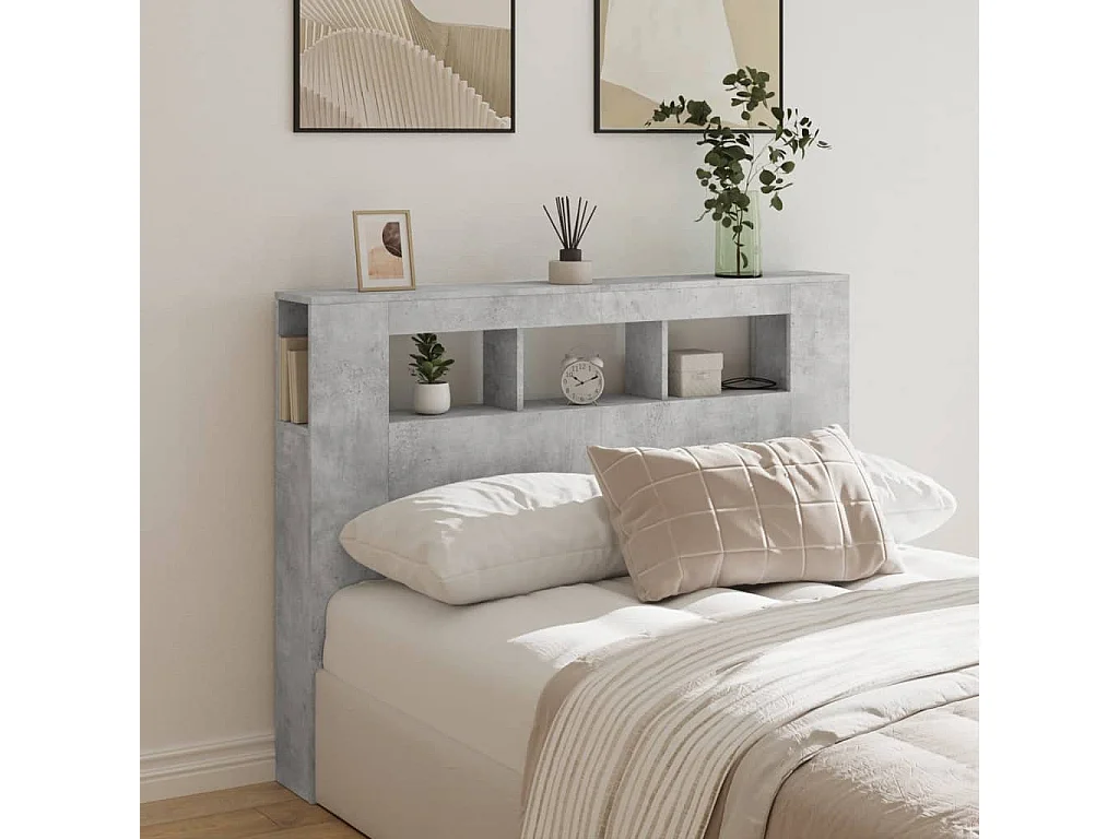 Mueble cabecero | Cabecero | Cabezal de cama LED madera ingeniería gris hormigón 140x18,5x103,5 cm