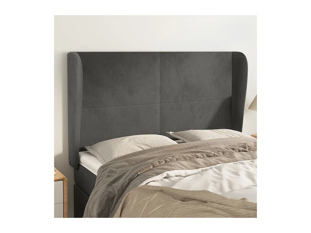 Cabecero | Cabezal de Cama | Mueble cabecero con orejas de terciopelo gris oscuro 147x23x118/128 cm